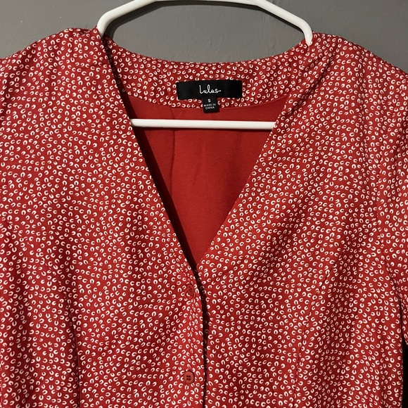 Lulu’s Castana Rust Red Print Button-Up Short Sleeve Dress - Picture 5 of 10